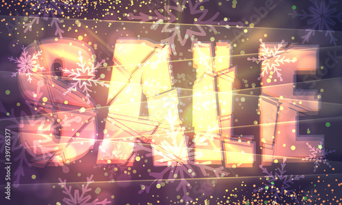 Banner for winter sale. Golden ice lettering on background with gold dust vector firework explosion with snowflakes and bokeh. Concept for Christmas sale poster, design, decor. Vector illustration.