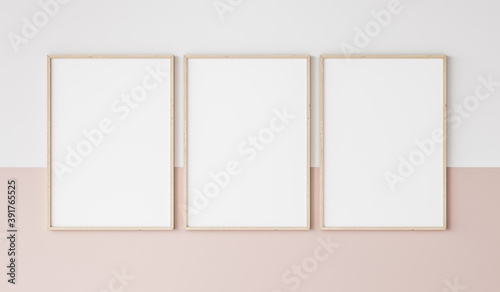 three wooden frames on pink and white wall, frame mockup, 3d render	 photo