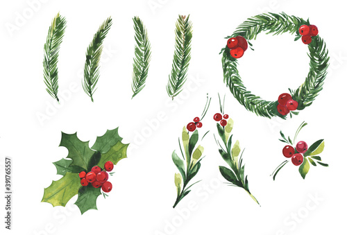 Fotografie Watercolor Christmas set wih spruce branches, mistletoe branches, flower and ber