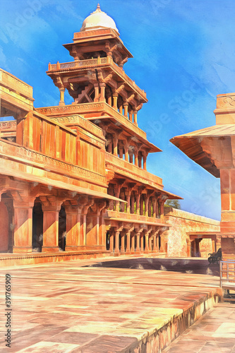 Colorful painting of Panch Mahal palace Fatehpur Sikri India photo