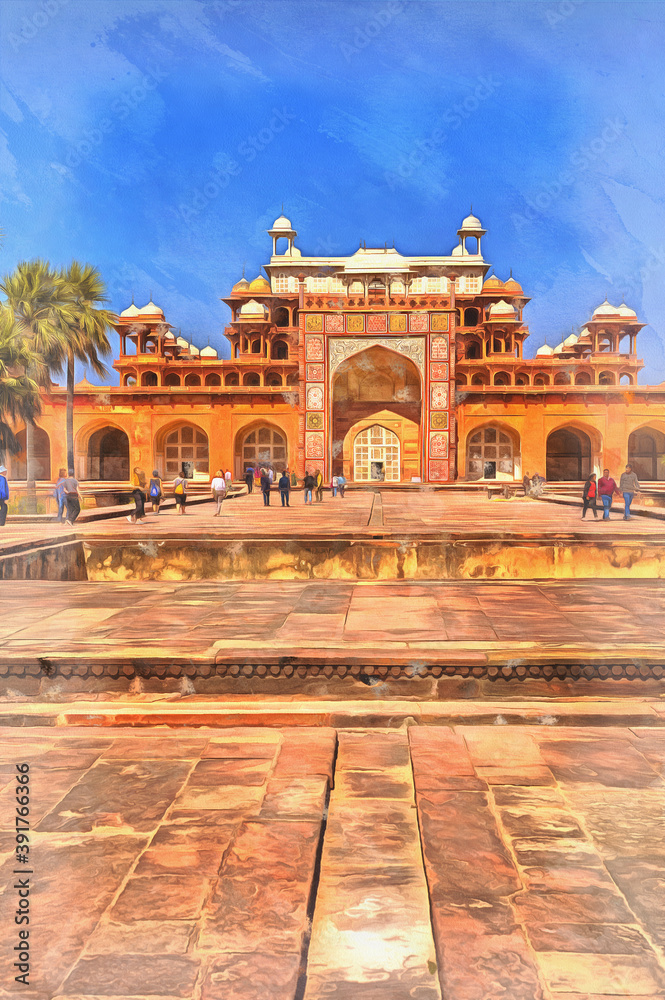 Colorful painting of Akbar's tomb Sikandra Uttar Pradesh India