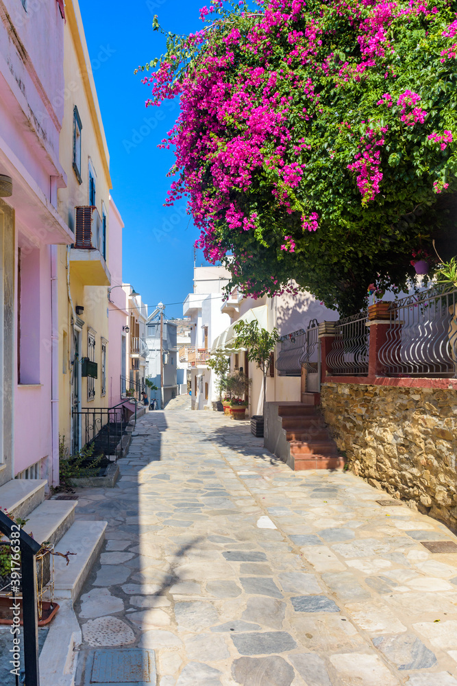 Obraz premium Street view of traditional houses and a colorful bougainvillea tree in Ermoupolis, Syros island, Greece