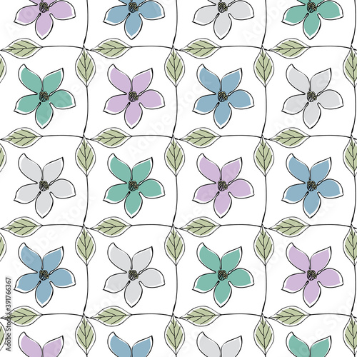 Vector Flowers in Blue Gray Pink Aqua in Green Leaves Grid on White Background Seamless Repeat Pattern. Background for textiles, cards, manufacturing, wallpapers, print, gift wrap and scrapbooking.