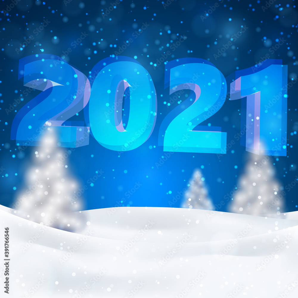 Christmas night background with fir trees and snow, dark blue sky and illuminated ice numbers 2021. Vector illustration. Merry Christmas poster. Holiday design, decor. Vector illustration. Christmas night background with fir trees and snow, dark blue sky and illuminated ice numbers 2021. Vector illustration. Merry Christmas poster. Holiday design, decor. Vector illustration.