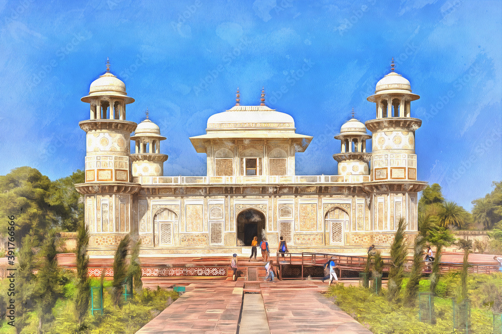 Colorful painting of Itimad-ud-Daulah mausoleum Baby Taj Agra India