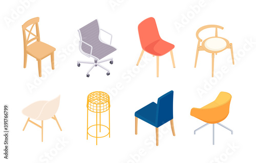 Set of isometric chairs. Vector collection. Illustration in flat design.