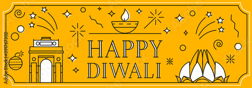 Happy diwali greeting web banner in linear style with fireworks and petards, indian festival celebration background