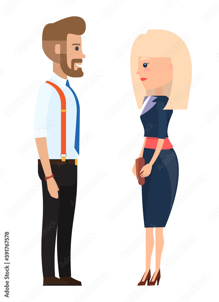 Stylish businessmen. Cartoon man and wooman characters in fashion clothes. Bearded man in a shirt with a tie, suspender pants. Fashionable businesswoman with clutch bag in hand in a dark blue suit Stylish businessmen. Cartoon man and wooman characters in fashion clothes. Bearded man in a shirt with a tie, suspender pants. Fashionable businesswoman with clutch bag in hand in a dark blue suit