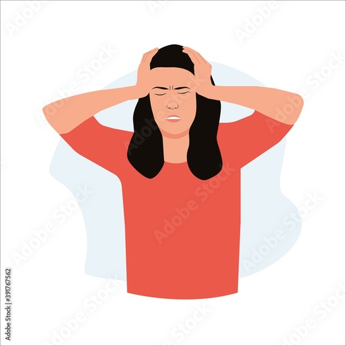 Headache. The woman having headache, migraine. Cartoon vector illustration.