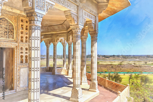 Colorful painting of Agra Fort Agra Uttar Pradesh India