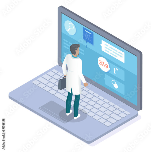 Bearded doctor in medical uniform with briefcase stands on cartoon laptop and remotely consults patient with fever. Disease treatment. Online diagnostics and medical consultation via modern devices.