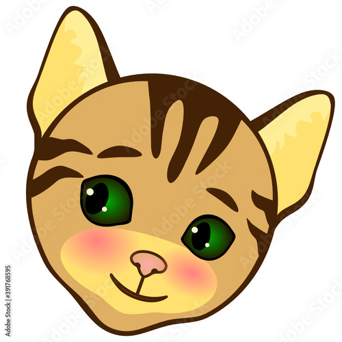 Emoticon with a modest and shy cat who stands with his head bowed, smiles and holds his hands behind his back, vector color emoji on isolated background