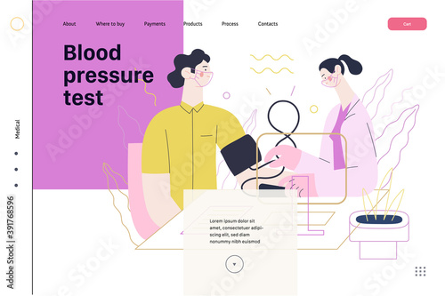 Medical tests template - blood pressure test - modern flat vector concept digital illustration of blood pressure measurement procedure - a patient and doctor with a meter, medical office or laboratory