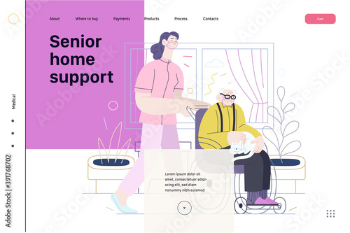 Medical insurance - senior home support - modern flat vector concept digital illustration -a nurse rolling a wheel chair with a senior patient at his home. Home medical service, part of insurance plan