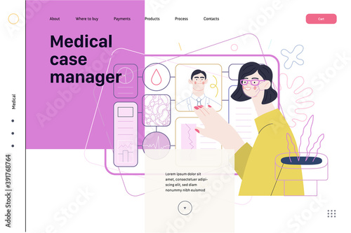 Medical insurance template -medical case manager -modern flat vector concept digital illustration of a manager reordering the medical procedures and diagnosiss, process metaphor, medical insurance