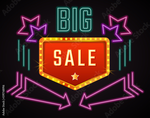 Big sale neon sigh with arrows and stars vector