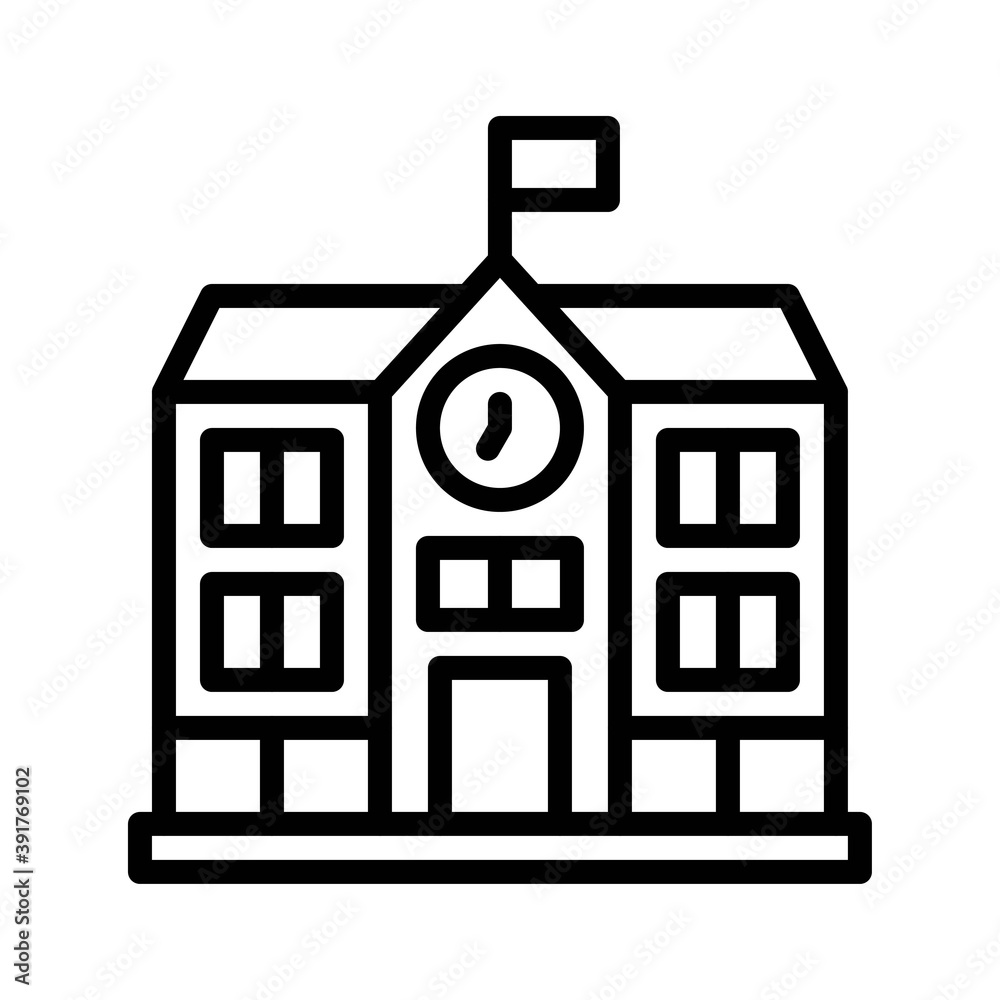 high school related school building with flag and clock vectors in lineal style,