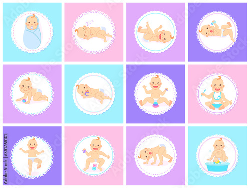 Cartoon set with cute little babies in diaper. Happy toddler plays with toy, birthday of baby, child learning to walk, baby smiling, child sits on potty, toddler crawling on the floor. Little kid