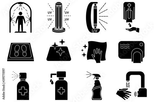 Disinfection icons. Cleaning and sanitizer surface, spray bottle, wash hand gel, UV lamp, sanitizing mat, Touchless faucet and dispenser, disinfection tunnel, dryer, antiseptic. Lockdown rules. Vector