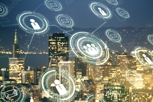 Double exposure of abstract virtual social network icons on San Francisco city skyscrapers background. Marketing and promotion concept