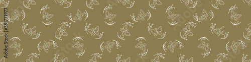 Seamless background butterfly insect gender neutral baby border pattern. Simple whimsical minimal earthy 2 tone color. Kids nursery wildlife rhopalocera edging fashion trim. 