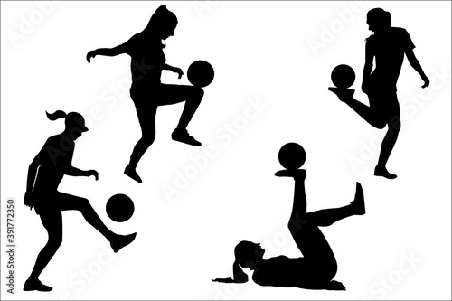 Set of female freestyle football and juggling vector silhouettes