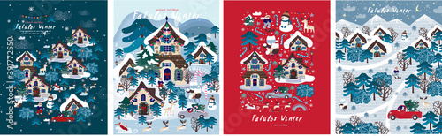 Fabulous winter. Vector illustration of christmas new year city, houses, forest, trees, santa claus and snowman. Drawings for postcard, poster and background
