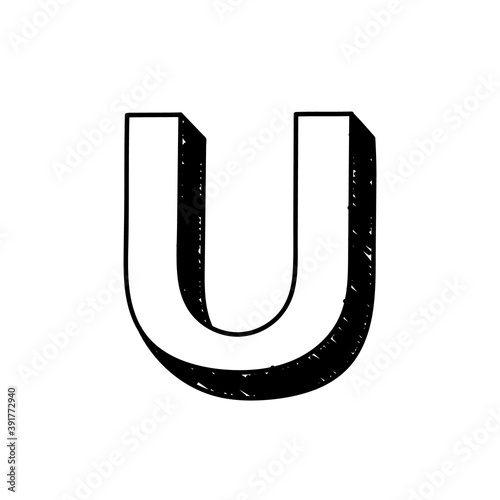 U letter hand-drawn symbol. Vector illustration of a big English letter U. Hand-drawn black and white Roman alphabet letter U typographic symbol. Can be used as a logo, icon