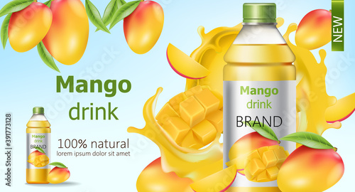 Bottle of natural mango drink surrounded by sliced and whole fruits and flowing juice. Place for text. Realistic 3D mockup product placement