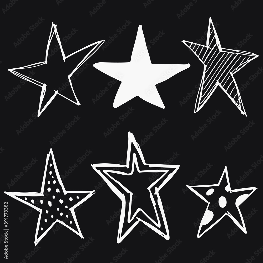 Obraz premium Set of 6 different hand drawn stars, rough handmade, black doodles EPS Vector