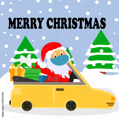 Merry Chirstmas Santa Claus with medical face mask riding Christmas car  loaded with gifts  snowy blue background  greeting card.