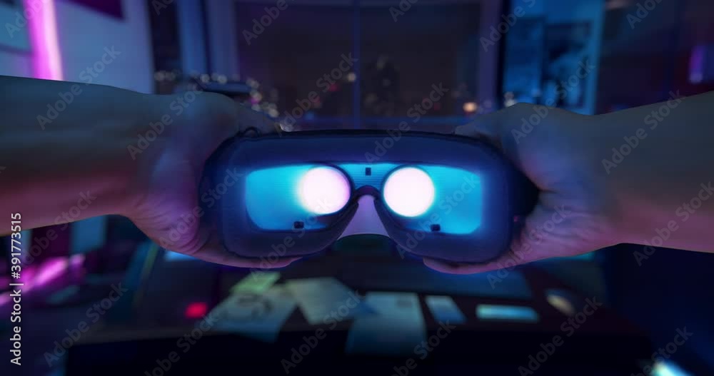 POV Man Putting Virtual Reality Headset Exploring Reality Immersive  Technologies XR VR AR MR Hybrid Reality Depression Escape Reality Escapism  Gamer Game New Technologies Future Slow Motion 8k RED Stock Video
