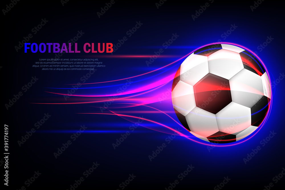 Obraz premium Flying soccer ball. Football club. Flaming soccer ball 3d vector