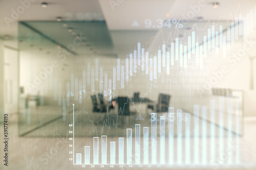 Multi exposure of virtual abstract financial graph interface on a modern furnished classroom background, financial and trading concept