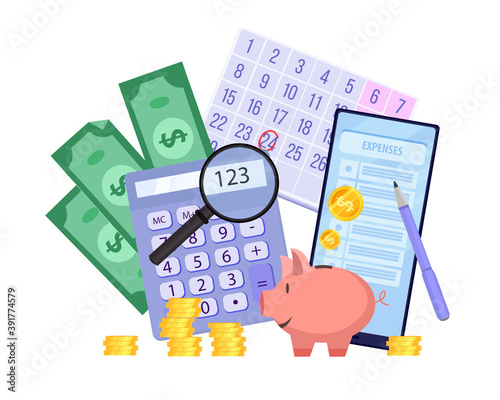 Family budget planning vector finance illustration with piggy bank, dollars, smartphone, calculator, magnifier. Personal capital and tax payment concept with coins, calendar. Monthly budget planning