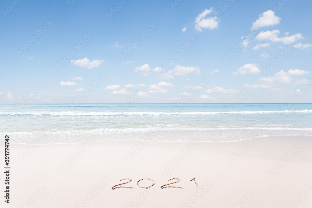 View of nice Christmas and new year theme tropical beach  - obrazy, fototapety, plakaty 
