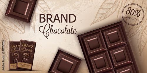 Chocolate bar and packaging on retro background. Place for text. Realistic 3D mockup product placement