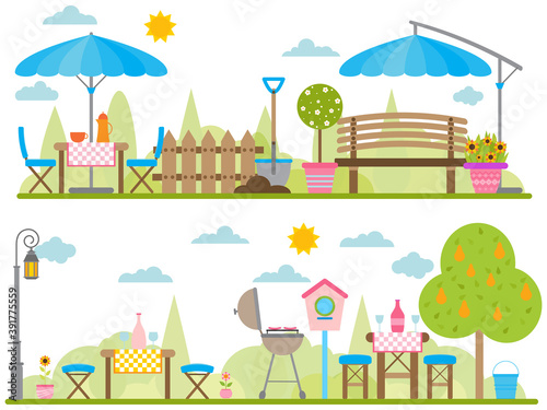 Vector stock banner with backyard, blooming bushes, flowers and garden furniture. Served table with flowers and BBQ, Spring picnic background in flat style. Summer or spring view
