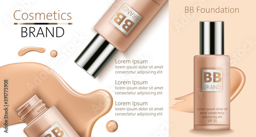 Composition of bottles with BB foundation. Spilled liquid on white background. Place for text. Realistic 3D mockup product placement