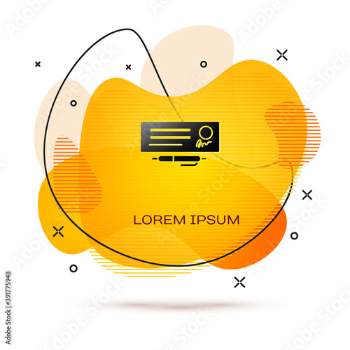 Black Blank template of the bank check and pen icon isolated on white background. Checkbook cheque page with empty fields to fill. Abstract banner with liquid shapes. Vector Illustration.