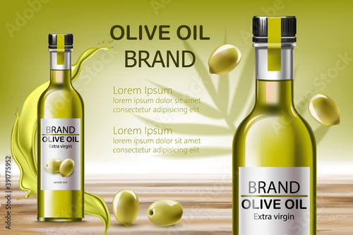 Two bottles with extra virgin oil. Surrounded by flowing liquid and olives. Place for text. Realistic 3D mockup product placement