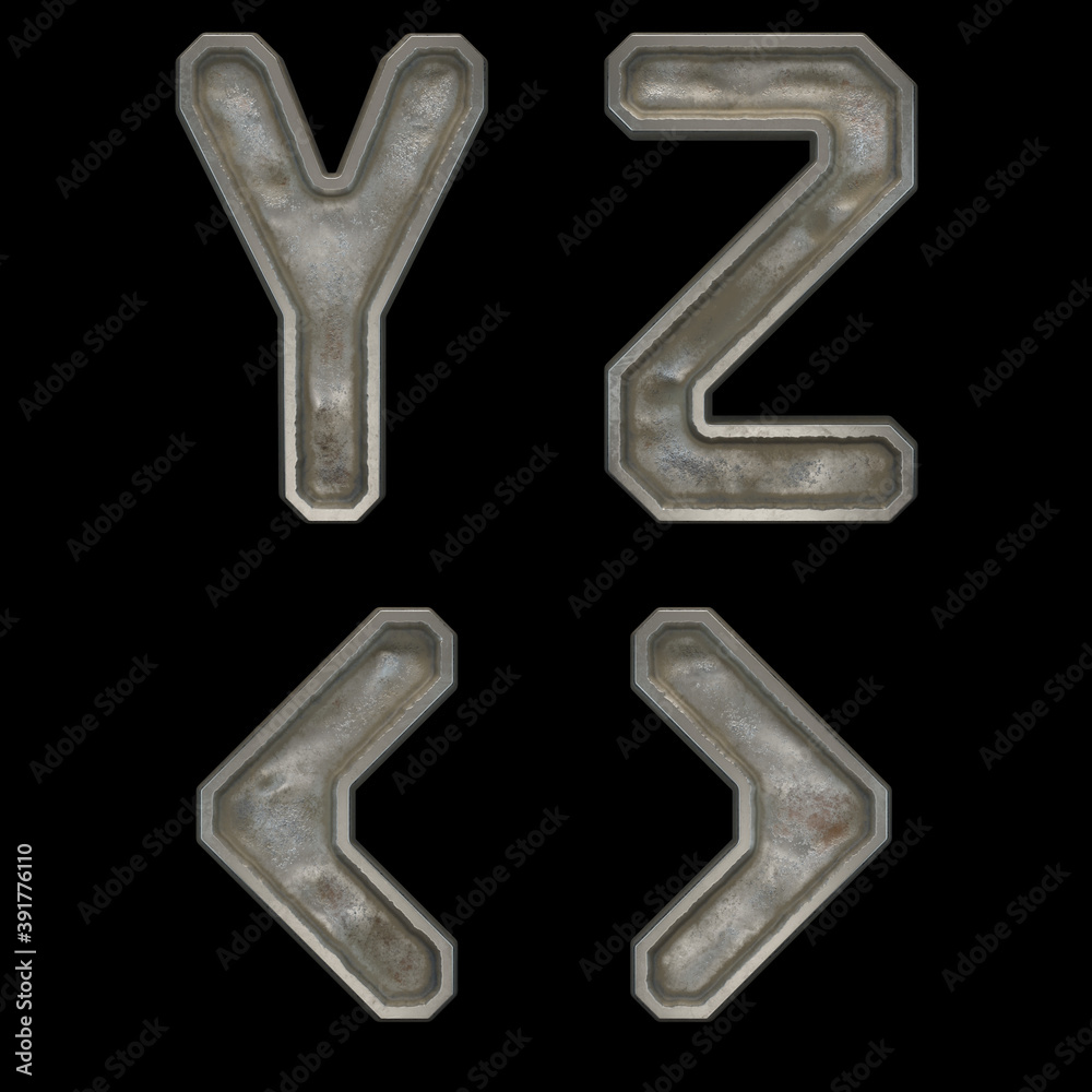 Set of capital letters Y, Z and symbol left, right angle bracket made of industrial metal isolated on black background. 3d