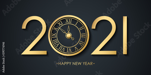 2021 New Year celebrate banner with 2021 numbers creative design, golden clock and Happy New Year holiday greetings. Vector illustration.