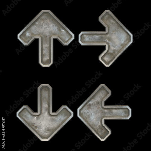 Set of symbols arrow up, right, to down, left arrow, dollar made of industrial metal on black background 3d