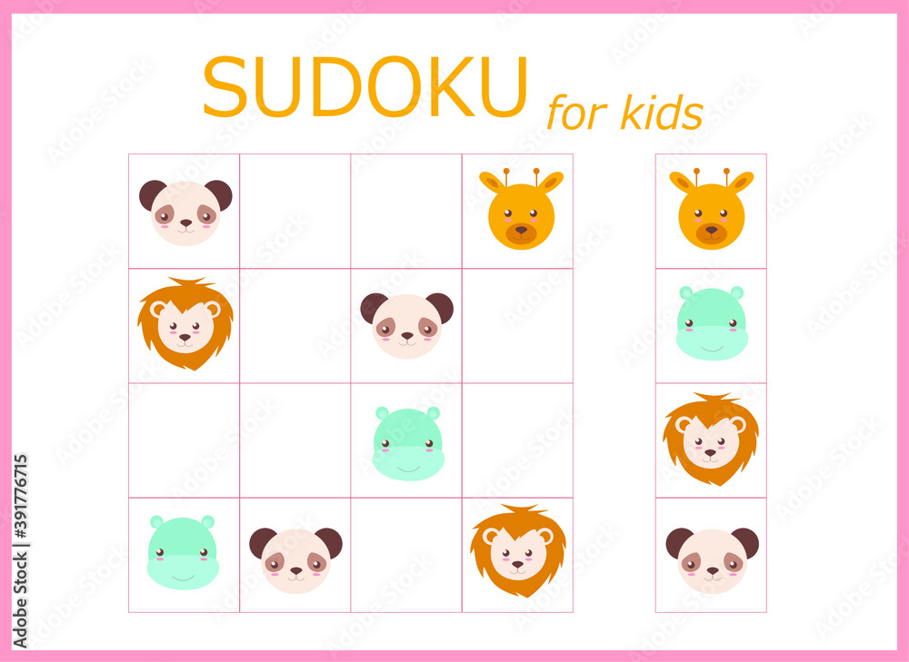 Sudoku for kids. Children's puzzles. Educational game for children. cute animals (monkey, lion, giraffe, panda, hippopotamus, bear)