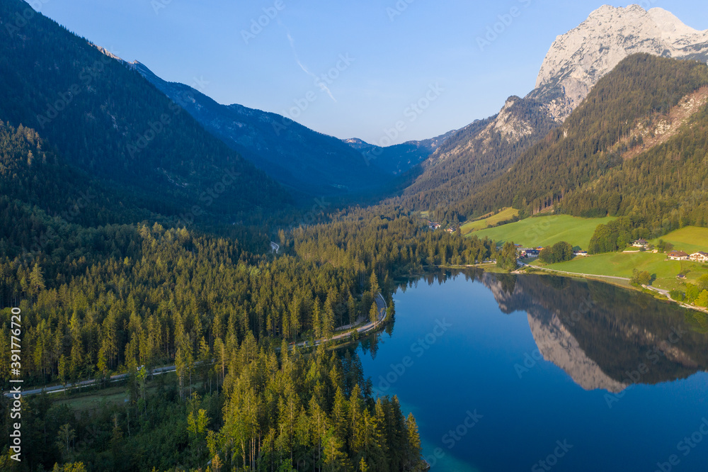 Drone panorama over Hintersee in Bavaria, Germany