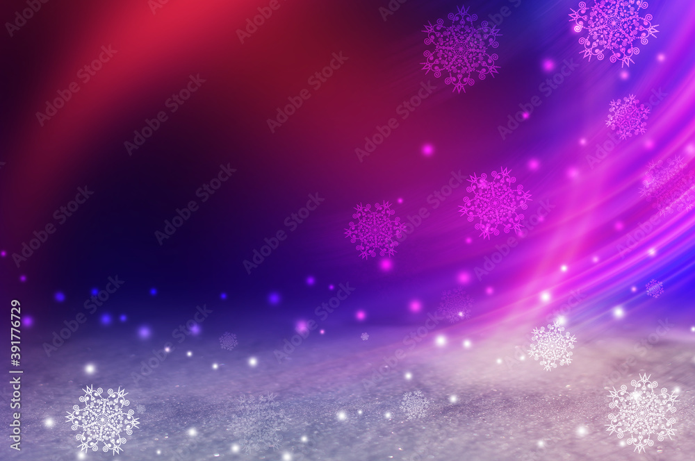 Dark Christmas abstract background. Snow cover, neon glow, blurred bokeh, snowflakes. 3d illustration Dark Christmas abstract background. Snow cover, neon glow, blurred bokeh, snowflakes. 3d illustration