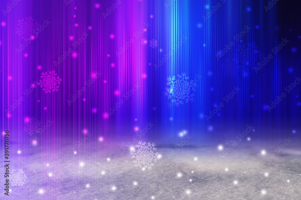Dark Christmas abstract background. Snow cover, neon glow, blurred bokeh, snowflakes. 3d illustration Dark Christmas abstract background. Snow cover, neon glow, blurred bokeh, snowflakes. 3d illustration