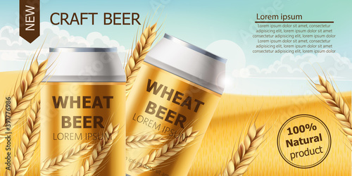 Two cans with craft beer in a field full of wheat grains. Blue cloudy sky. Re...