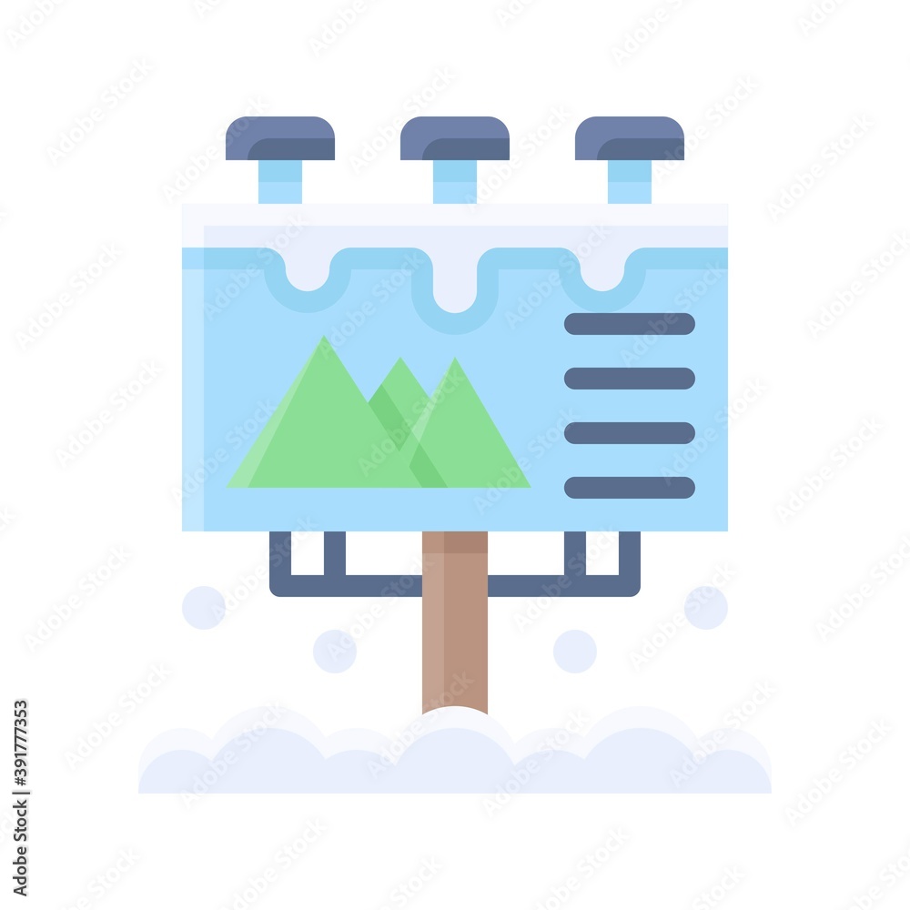 snow town in winter related billboard with stand, mountains and ice vectors in flat style,